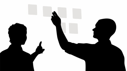 Colleagues collaborate on ideas, planning strategy with sticky notes on a whiteboard for business success
