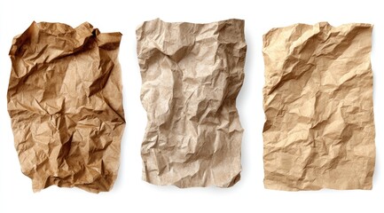 Three crumpled pieces of brown kraft paper