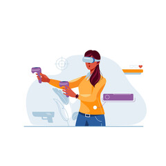 Woman Wearing Virtual Reality Headset Holding Controllers Engaged in Immersive Gaming Experience With Digital Interface Elements