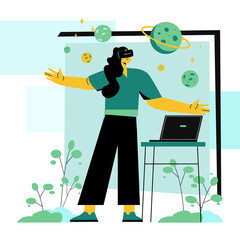 Woman Wearing Virtual Reality Headset Interacting With Digital Planets And Laptop On A Transparent Background With Light Blue Overlays And Green Leaves