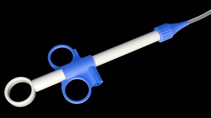 A 3D illustration image of a Colonoscope used in Colonoscopy, featuring a handle connected to a long, clear, flexible tube. 