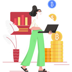 Woman With Laptop Analyzing Sales Performance With Digital Chart And Stacked Coins On A White Background