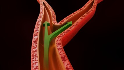 A 3D medical illustration of vascular constriction with white arrows indicating reduced and impeded blood flow.