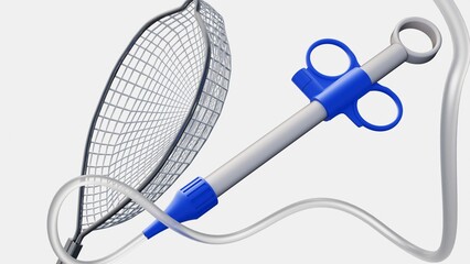 A 3D image of an endoscopy grasping forceps net, featuring a flexible net for retrieving objects, attached to a long catheter and a control handle.