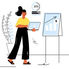 Woman With Laptop Stands Beside Whiteboard Displaying Growth Chart Infographic With Dollar Sign And Percentage Data In A Modern Office Environment