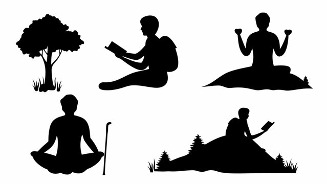 Meditating figure, reader, and nature silhouettes evoke peace, relaxation, and contemplation for wellness