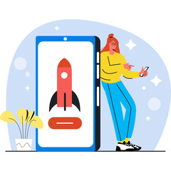 Woman Using Smartphone Next To Large Mobile Phone Displaying A Rocket Ship Illustration Against A Light Blue Background With Stars And Sparkles.