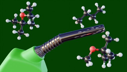 A 3D image displays a gas pump nozzle with molecular structures of fuel additives like MTBE, ETBE, and Butane, visually links fuel dispensing with fuel chemical composition.