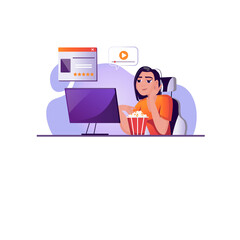 Woman Watching Content Online Eating Popcorn in Chair with Computer Screen Displaying Video Player and Rating System