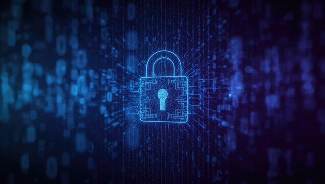 Digital security concept featuring a glowing padlock icon overlaid on a dark blue background of binary code, representing data protection and network safety, with the image conveying a sense of...