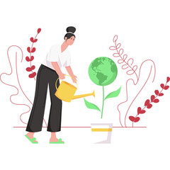 Woman watering a plant shaped like the Earth in a pot with a white background and subtle red floral accents symbolizing growth and environmental care
