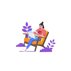 Woman Wearing Glasses And A Pink Shirt Sitting On An Orange Chair Using A Laptop With A Transparent Background And Purple Leaves