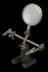 Helping hands soldering stand with clips and magnifying glass, isolated single object, transparent background, detailed reflections.