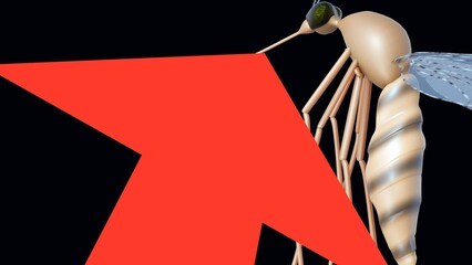 A 3d image features a mosquito against a black background, with a prominent red arrow pointing upwards and across its body