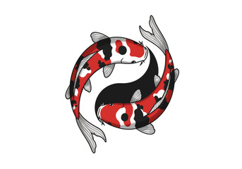 Two Koi Fish Forming a Yin Yang Symbol with Red White and Black Markings.