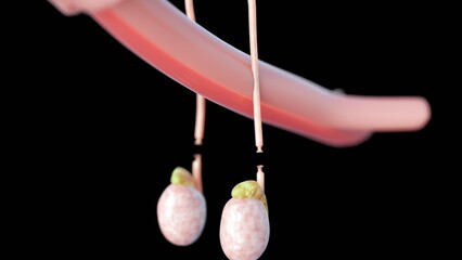 A 3d image vividly illustrates the outcome of a vasectomy. It shows two testes with their epididymis, each connected to a vas deferens that has been clearly cut and severed. permanent contraception