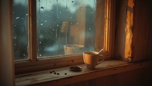 Warm light streams onto a window sill, illuminating a cup of coffee and some coffee beans, with raindrops visible on the glass and a blurred outdoor scene behind, evoking feelings of peace and...
