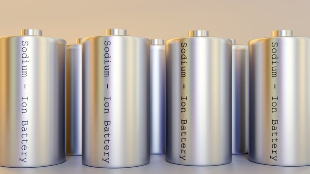 A 3d rendered image metallic-silver cylindrical battery cell with "Sodium - Ion Battery" labeled on side