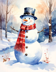 Watercolor Illustration Snowmen in Winter Season