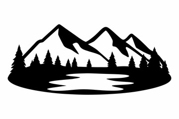 Black and white mountain landscape silhouette design for outdoor adventure, travel, and nature themes