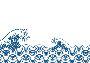Stylized Blue Ocean Waves Pattern on White Background.