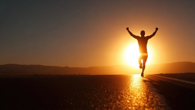 Silhouette of a runner with arms raised towards the sun on a road at sunset