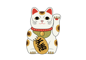 Cartoon Maneki Neko: Lucky Cat with Raised Paw and Koban Coin.