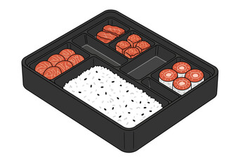Bento Box with Rice Salmon Meat and Sushi Rolls Illustration.