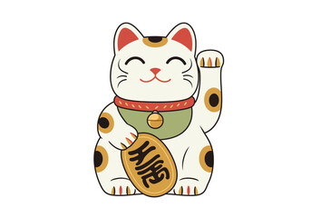 Cartoon Maneki Neko with Raised Paw and Coin.