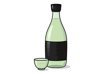 Cartoon Illustration of a Sake Bottle and Cup.