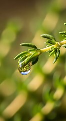 Water droplet clinging to a vibrant green thyme sprig in soft focus.