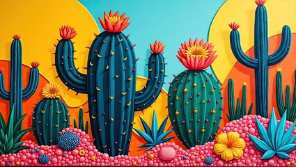 Obraz premium This vibrant and colorful illustration showcases a captivating desert landscape featuring several stylized cacti in various shapes, each adorned with delicate blossoms, presented against a vivid...