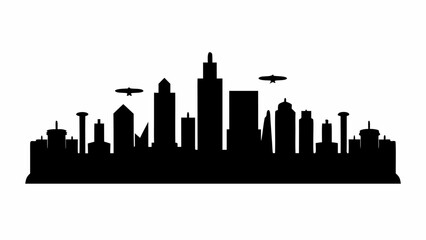 Naklejka premium Dynamic city skyline silhouette with futuristic flying objects creating a modern urban landscape