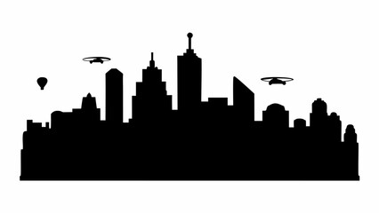 Fototapeta premium Futuristic cityscape silhouette with drones and hot air balloon soaring above modern skyscrapers