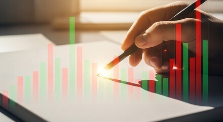 Hand pointing at document with financial charts overlay, representing business analysis and growth.