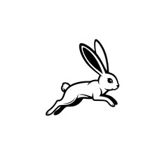 Obraz premium A sleek black and white vector illustration of a running rabbit in a dynamic leap. This minimalist icon symbolizes speed, agility, and the wild spirit of nature