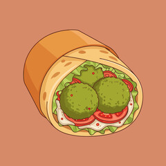 Falafel Wrap Illustration with Tomatoes and Greens on a Brown Background