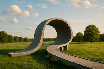 Fototapeta premium Impossible concrete archway path in a vast green landscape