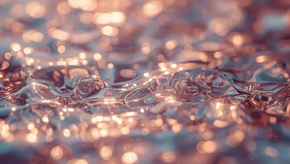 Glimmering liquid surface displays a beautiful bokeh effect, featuring soft pastel colors with a dreamy aesthetic; water-like texture shimmers in a shot.