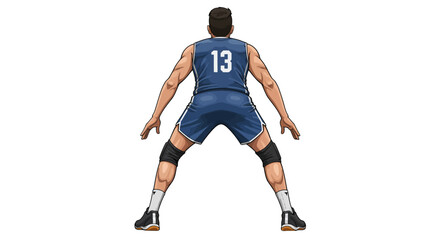 Naklejka premium Rear view illustration of a male basketball player in a defensive stance wearing number 13.