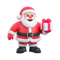 Obraz premium Smiling 3D Santa Claus with a red and white gift box and red ribbon Christmas present