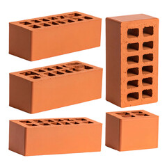 Group of red, rectangular bricks with perforations, arranged in a studio setting