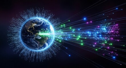 Global network connection and data transfer around the Earth.