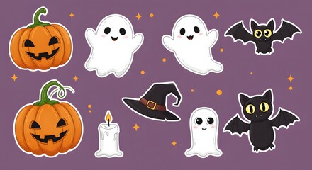 Naklejka premium Cute Halloween Characters: Pumpkins, Ghosts, Bats, Witch Hat and Candle on Purple Background