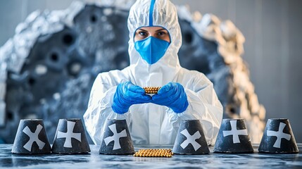 Lab technician protective gear handling uranium pellets in a shielded facility