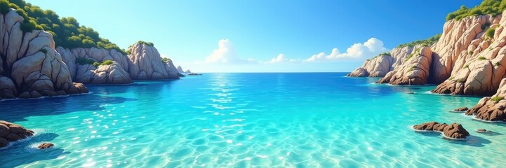 Breathtaking vista showcases a tranquil seascape, where crystal-clear turquoise waters meet the azure sky under a radiant sun, bounded by rugged cliffs and lush green foliage, conveying serenity