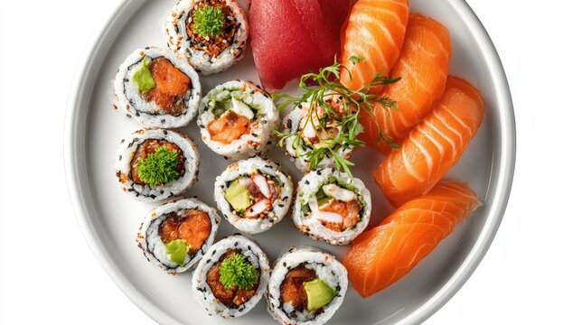 A plate of assorted sushi rolls and sashimi - Powered by Adobe