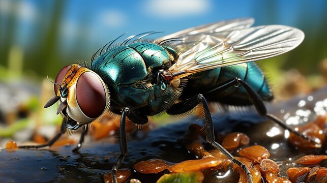 Close-up macro photograph of a metallic green blowfly with large red eyes resting on a dark surface with organic material.