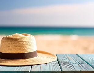 Beach Accessories On Blue Plank - Summer Holiday Banner