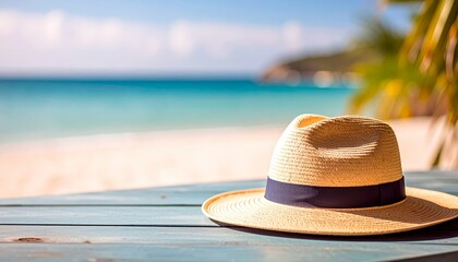 Beach Accessories On Blue Plank - Summer Holiday Banner